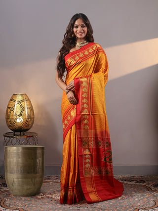 Kanakrekha-Golden Yellow and Red Rajkot Single Ikkat Pure Mulberry Silk Patola Saree
