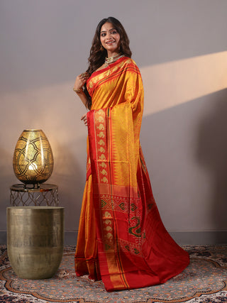 Kanakrekha-Golden Yellow and Red Rajkot Single Ikkat Pure Mulberry Silk Patola Saree