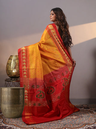 Kanakrekha-Golden Yellow and Red Rajkot Single Ikkat Pure Mulberry Silk Patola Saree