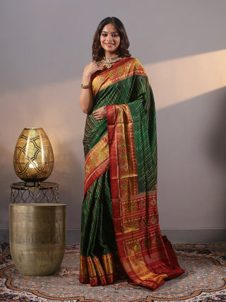 Nandivana-Rich Forest Green Rajkot Single Ikkat Pure Mulberry Silk Patola Saree