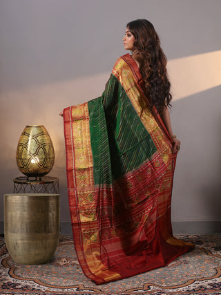 Nandivana-Rich Forest Green Rajkot Single Ikkat Pure Mulberry Silk Patola Saree