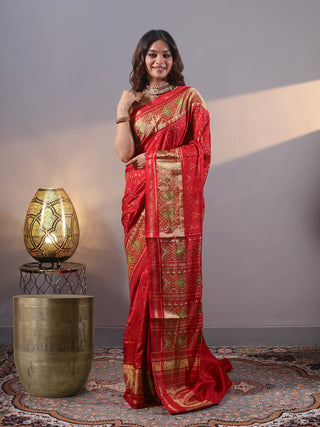 Raktima-Crimson Red Rajkot Single Ikkat Pure Mulberry Silk Patola Saree