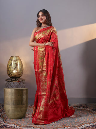 Raktima-Crimson Red Rajkot Single Ikkat Pure Mulberry Silk Patola Saree