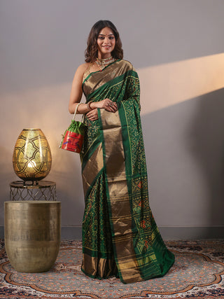 Meghavana-Emerald Green Rajkot Single Ikkat Pure Mulberry Silk Patola Saree