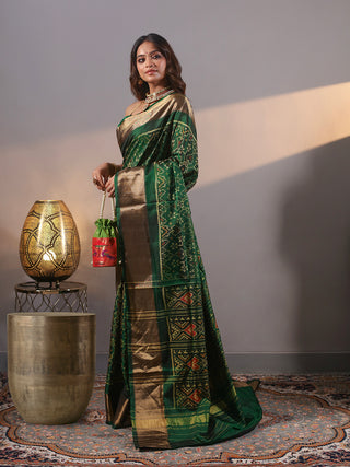Meghavana-Emerald Green Rajkot Single Ikkat Pure Mulberry Silk Patola Saree