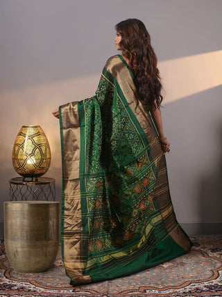 Meghavana-Emerald Green Rajkot Single Ikkat Pure Mulberry Silk Patola Saree