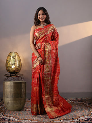 Tamraprabha-Burnt Orange Rajkot Single Ikkat Pure Mulberry Silk Patola Saree