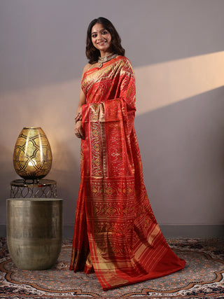 Tamraprabha-Burnt Orange Rajkot Single Ikkat Pure Mulberry Silk Patola Saree