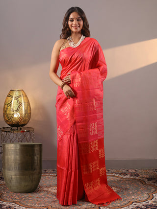 Coral Red Pure Kanchipuram Soft Silk Saree