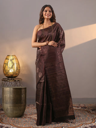 Deep Coffee Brown Pure Kanchipuram Soft Silk Saree