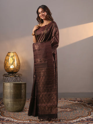 Deep Coffee Brown Pure Kanchipuram Soft Silk Saree