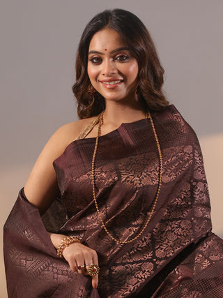 Deep Coffee Brown Pure Kanchipuram Soft Silk Saree