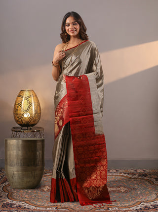 Antique Silver Grey Kanchipuram Soft Silk Saree with Rich Crimson Red Zari Border & Pallu