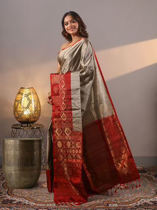 Antique Silver Grey Kanchipuram Soft Silk Saree with Rich Crimson Red Zari Border & Pallu