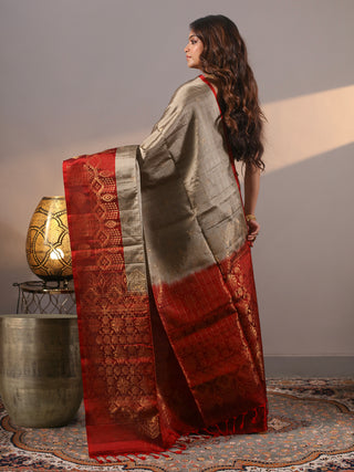 Antique Silver Grey Kanchipuram Soft Silk Saree with Rich Crimson Red Zari Border & Pallu