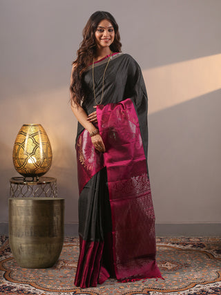 Charcoal Black & Magenta Kanchipuram Soft Silk Saree