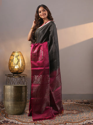 Charcoal Black & Magenta Kanchipuram Soft Silk Saree
