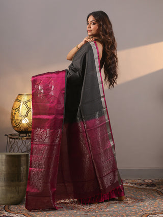 Charcoal Black & Magenta Kanchipuram Soft Silk Saree