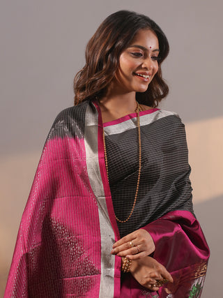 Charcoal Black & Magenta Kanchipuram Soft Silk Saree
