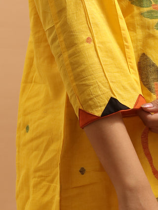 Sunshine Yellow Bengal Handloom Cotton Jamdani Kurta-Pant-Dupatta Set with Appliqué Accents