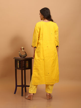 Sunshine Yellow Bengal Handloom Cotton Jamdani Kurta-Pant-Dupatta Set with Appliqué Accents