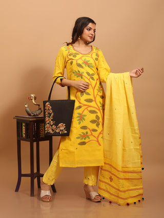 Sunshine Yellow Bengal Handloom Cotton Jamdani Kurta-Pant-Dupatta Set with Appliqué Accents