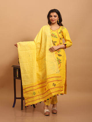 Sunshine Yellow Bengal Handloom Cotton Jamdani Kurta-Pant-Dupatta Set with Appliqué Accents