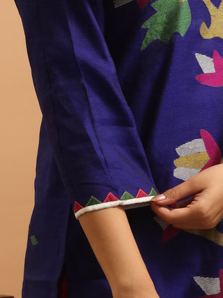Navy Blue-Deep Magenta Bengal Cotton Silk Handloom Jamdani Kurta-Pant-Dupatta Set with Appliqué Detailing
