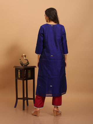 Navy Blue-Deep Magenta Bengal Cotton Silk Handloom Jamdani Kurta-Pant-Dupatta Set with Appliqué Detailing