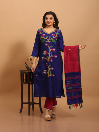 Navy Blue-Deep Magenta Bengal Cotton Silk Handloom Jamdani Kurta-Pant-Dupatta Set with Appliqué Detailing
