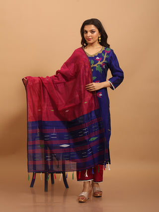 Navy Blue-Deep Magenta Bengal Cotton Silk Handloom Jamdani Kurta-Pant-Dupatta Set with Appliqué Detailing