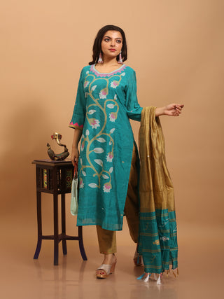 Teal Green-Golden Beige Bengal Cotton Silk Jamdani Kurta Set with Appliqué Borders