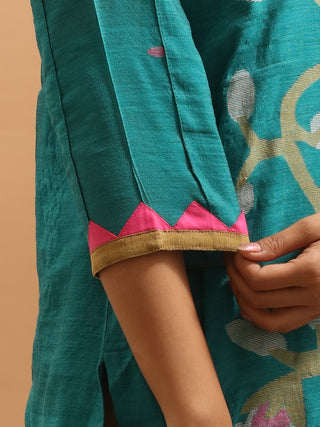 Teal Green-Golden Beige Bengal Cotton Silk Jamdani Kurta Set with Appliqué Borders