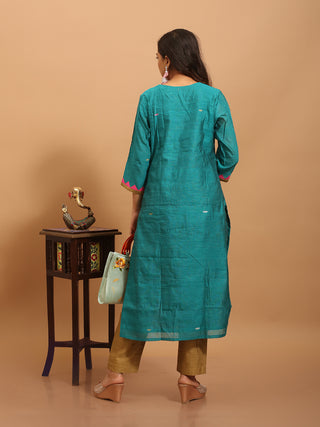 Teal Green-Golden Beige Bengal Cotton Silk Jamdani Kurta Set with Appliqué Borders