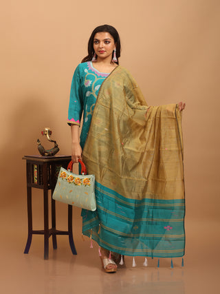 Teal Green-Golden Beige Bengal Cotton Silk Jamdani Kurta Set with Appliqué Borders