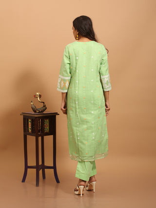 Pistachio Green Bengal Cotton Silk Kurta Set with Powerloom Weaving and Lace Detailing