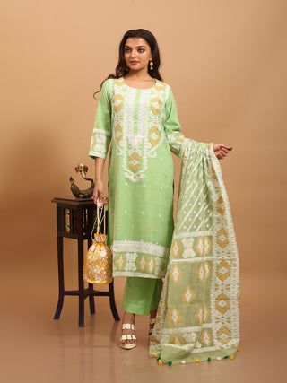 Pistachio Green Bengal Cotton Silk Kurta Set with Powerloom Weaving and Lace Detailing
