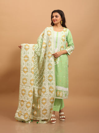 Pistachio Green Bengal Cotton Silk Kurta Set with Powerloom Weaving and Lace Detailing