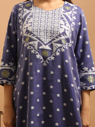 Lavender Blue Cotton Silk Kurta Set with Powerloom Jamdani Motifs