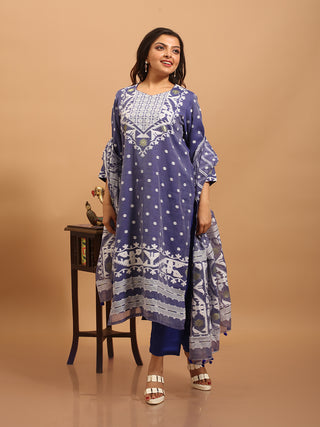 Lavender Blue Cotton Silk Kurta Set with Powerloom Jamdani Motifs
