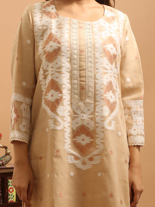 Beige Cotton Silk Bengal Kurta Set with Powerloom Woven Patterns