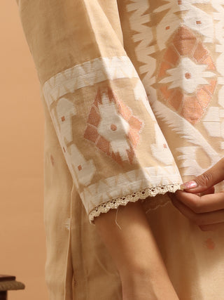 Beige Cotton Silk Bengal Kurta Set with Powerloom Woven Patterns