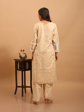 Beige Cotton Silk Bengal Kurta Set with Powerloom Woven Patterns