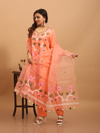 Coral Peach Bengal Muslin Jamdani Kurta Set with Appliqué Highlights