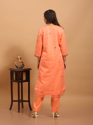 Coral Peach Bengal Muslin Jamdani Kurta Set with Appliqué Highlights