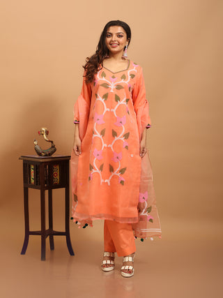 Coral Peach Bengal Muslin Jamdani Kurta Set with Appliqué Highlights