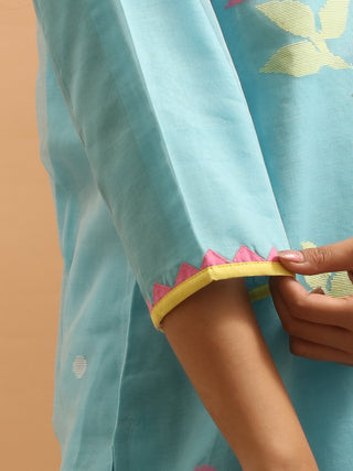 Sky Blue Bengal Muslin Jamdani Kurta Set with Multicolour Weaves