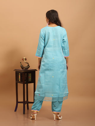 Sky Blue Bengal Muslin Jamdani Kurta Set with Multicolour Weaves