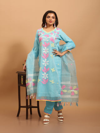 Sky Blue Bengal Muslin Jamdani Kurta Set with Multicolour Weaves