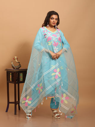Sky Blue Bengal Muslin Jamdani Kurta Set with Multicolour Weaves